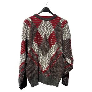 Cricketter Mens Geometric Pattern Crew Neck Long Sleeve Sweater‎ Red Gray White